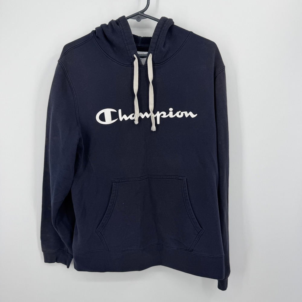 Champion Hoodie Mens XL Navy Blue Script Logo Pullover Fleece